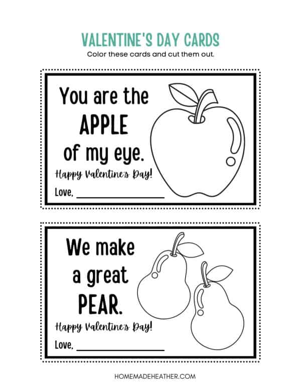 Black and white Valentine apple and pear printable cards.