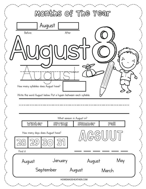 Free August Printable Worksheets