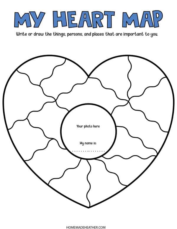 A heart shape with spaces to write and draw the things, places, and people that are important to you free printable Valentine crafts