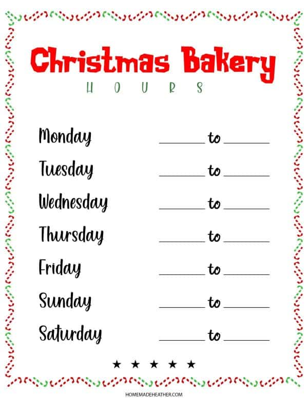 Christmas Bakery Pretend Play Printable