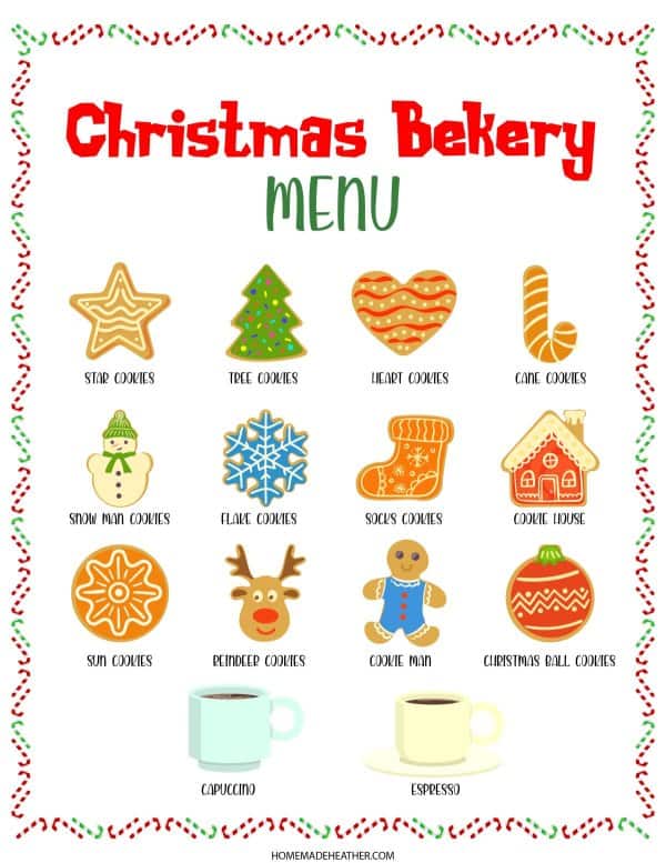 Christmas Bakery Pretend Play Printable Menu