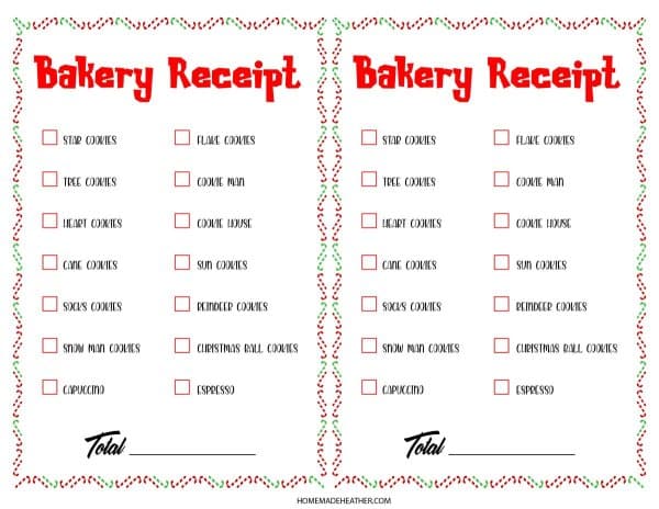 Christmas Bakery Pretend Play Printable Receipt