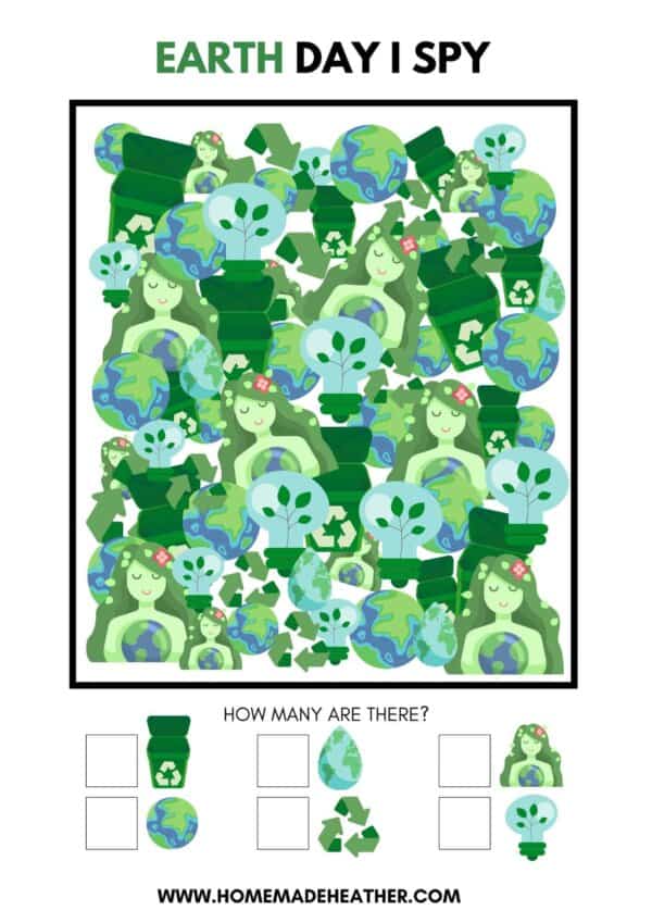 Free Earth Day I Spy Printable with green images.