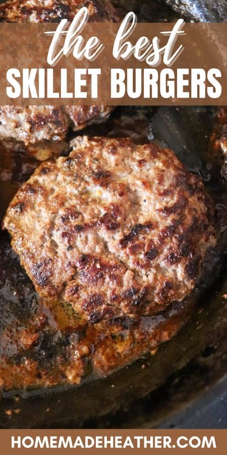 Cast iron skillet with a cooked hamburger patty and text overlay.