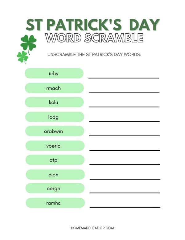 St Patricks Day Word Scramble Printable
