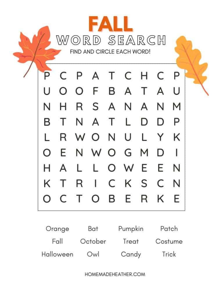 Free Fall Word Search Printable