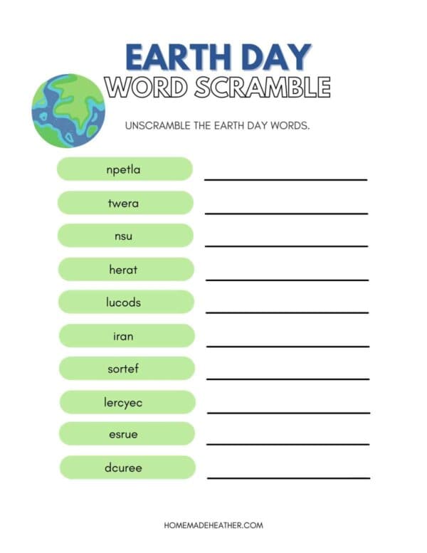 Earth Day Word Scramble Printable with words to unscramble.
