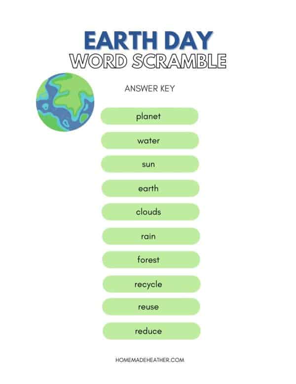 Earth Day Word Scramble Printable with words in green.