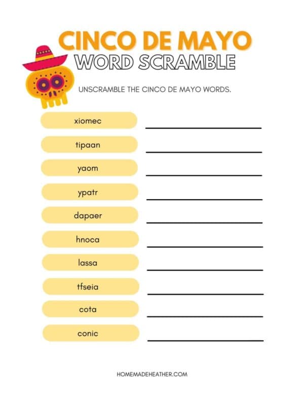 Cinco De Mayo Word Scramble Printable with Mexican words scrambled into letters with a line to write them down.