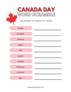 Canada Day Word Scramble Printable