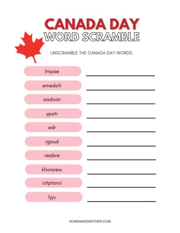 Canada Day Word Scramble Printable