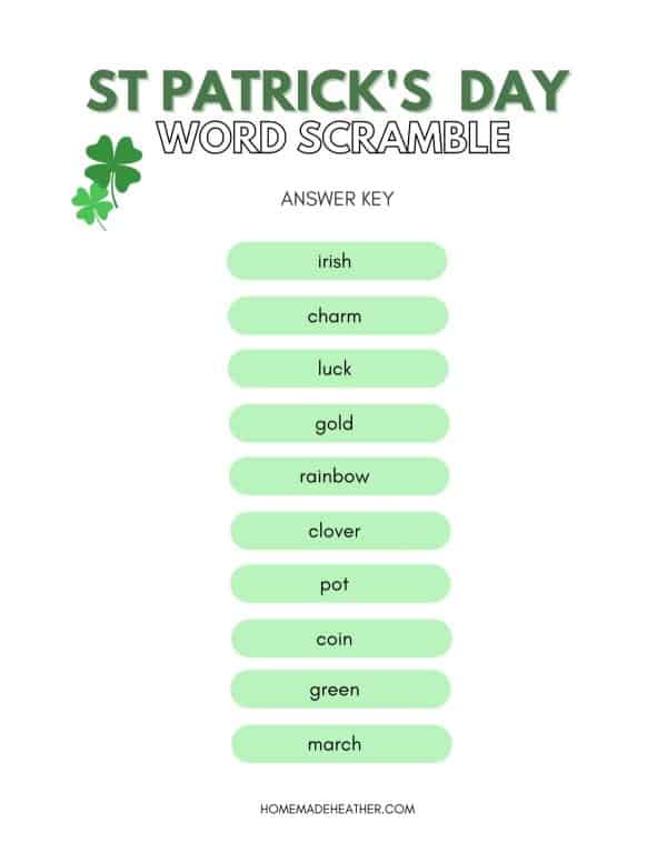 St Patricks Day Word Scramble Printable Key