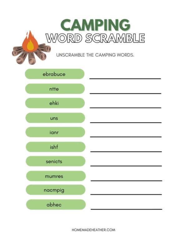 Camping Word Scramble Printable