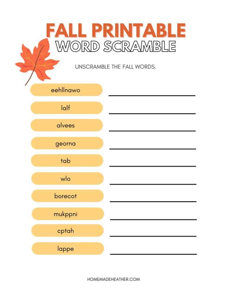 Free Fall Word Scramble Printable