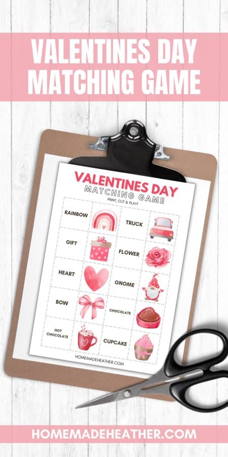 Valentine's Day matching game printable with images to cut out and match to the written word such as flower and chocolate.
