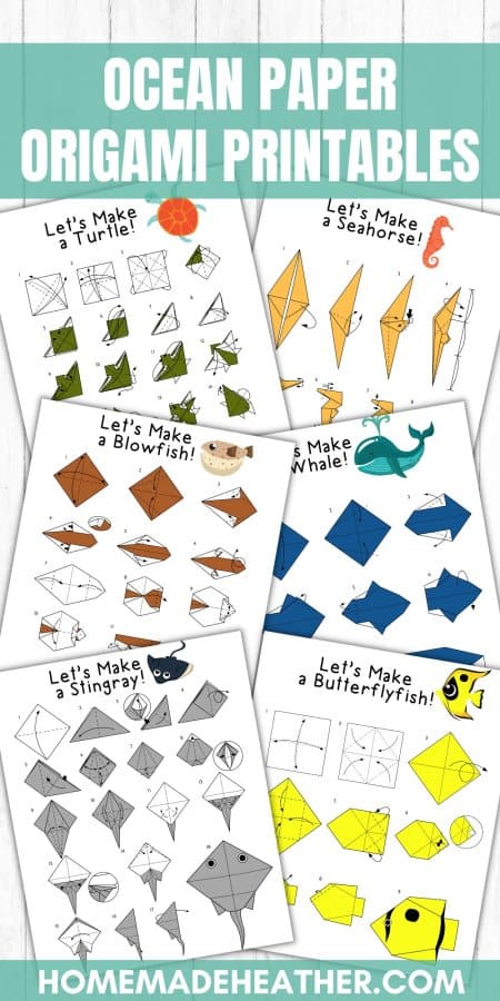Ocean themed origami printables on a flat lay.