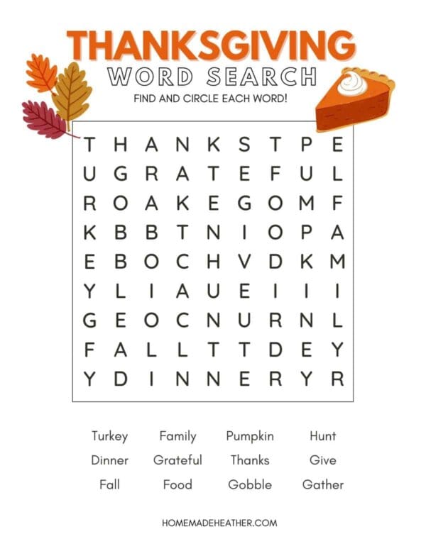 Free Thanksgiving Word Search Printable in black and white.