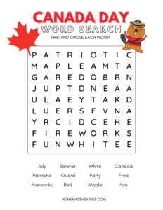 Canada Day Word Search Printable