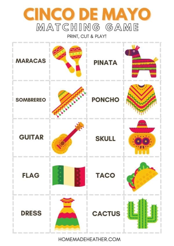 Cinco De Mayo Matching Game Printable with images of Mexican themed items.