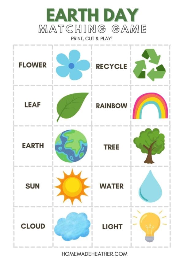 Earth Day Matching Game Printable with earth day symbols.