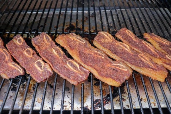 Short ribs laid out on the bottom grill of the smoker.