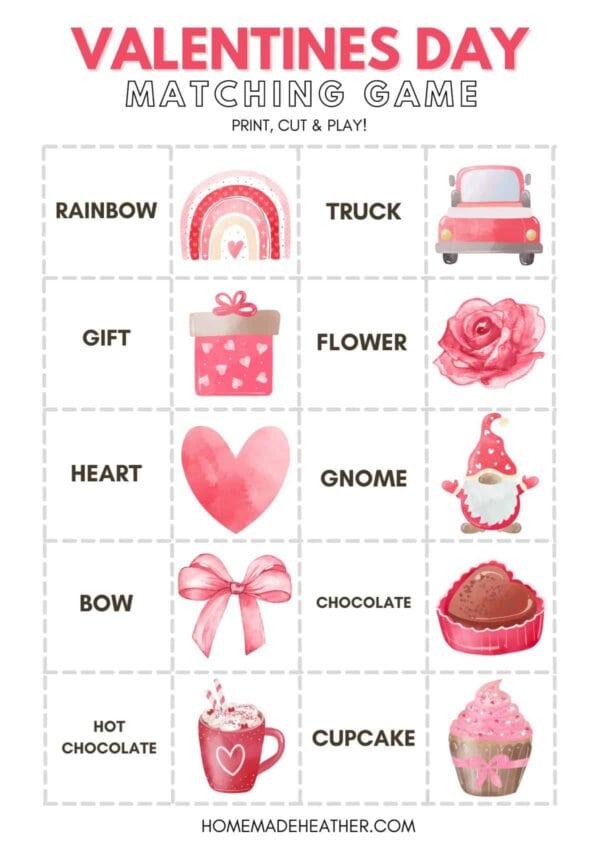 Valentine's Day printable matching game, with images to cut out and match to words such as rainbow and gift.