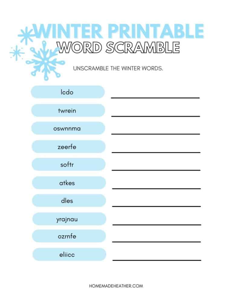 Free Winter Word Scramble Printable