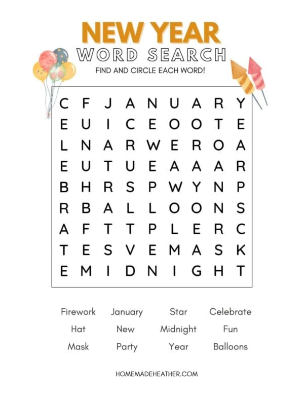 New Years Word Search Printable
