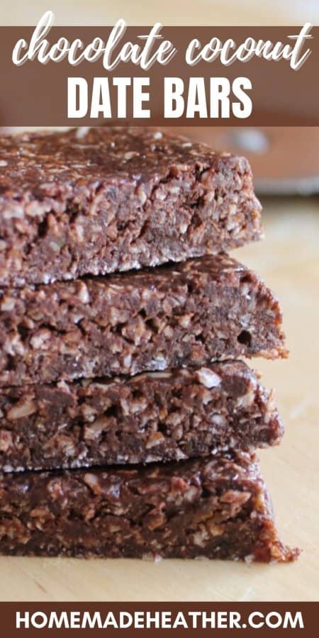 A stack of chocolate coconut date bars.