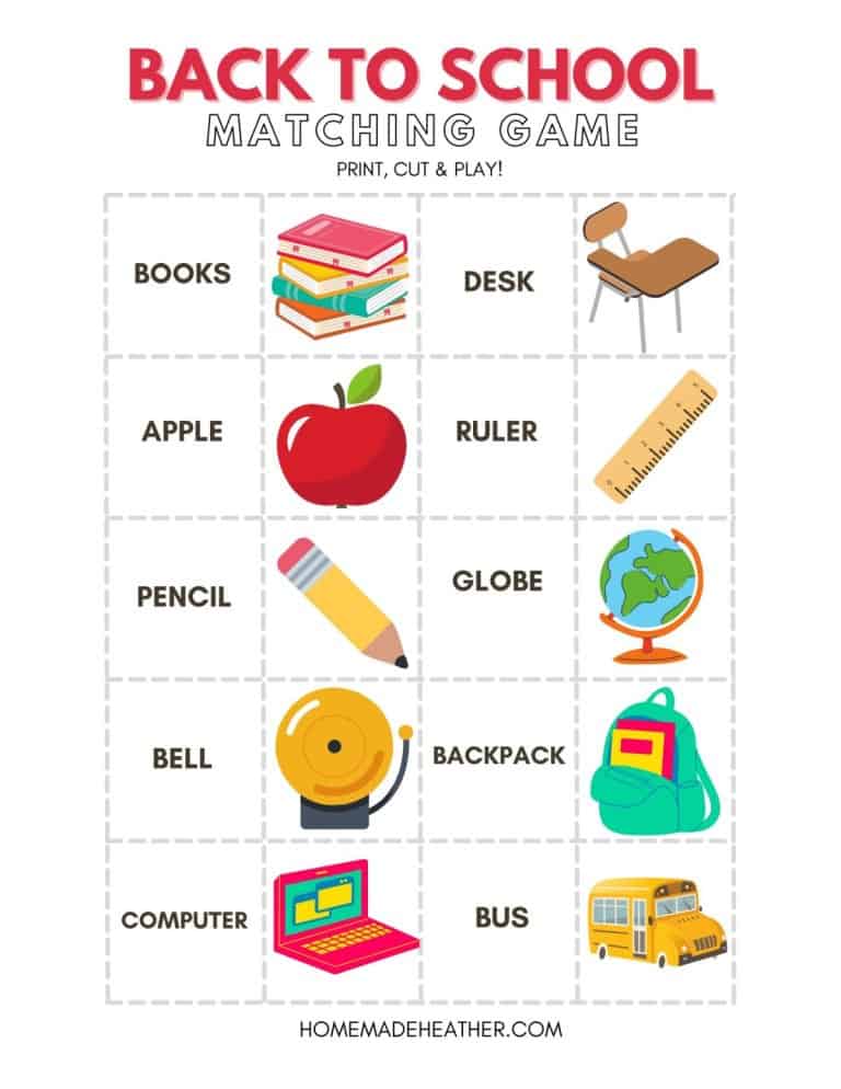 Back to School Matching Game Printable