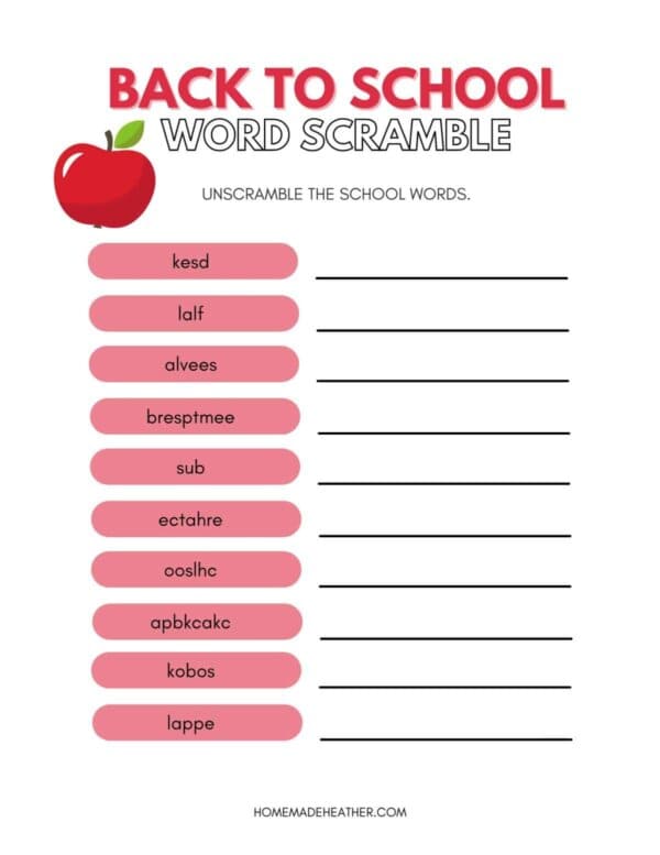 Back to School Word Scramble Printable