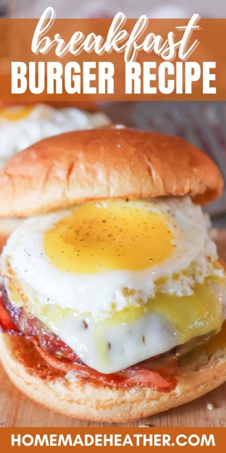 Burger topped with melted white cheese and fried egg on slices of bacon between a hamburger bun with text overlay.