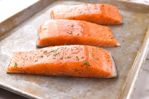maple salmon on baking sheet