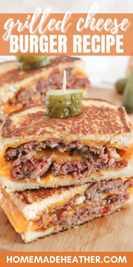 Grilled Cheese Burgers cut in half  showing melted cheese and smoked burger between sliced bread topped with sliced pickles on a skewer on a wooden cutting board with text overlay.