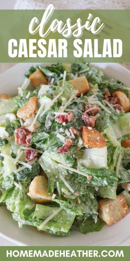 Classic Caesar salad recipe with parmesan cheese, bacon bits, and croutons.