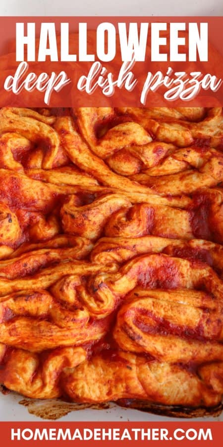 Pizza in the shape of intestines in a white casserole dish.
