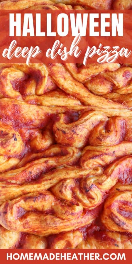 Pizza in the shape of intestines in a white casserole dish.