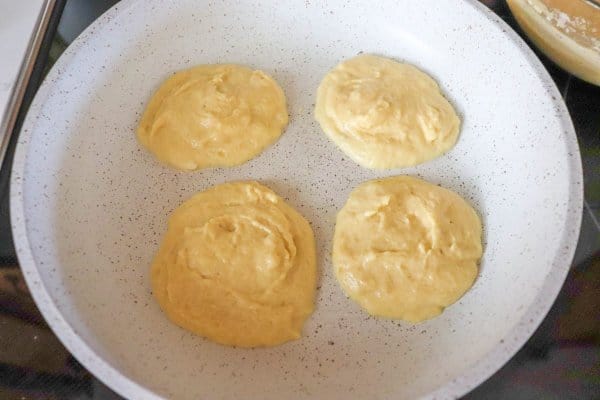 Bisquick pancake batter in a skillet