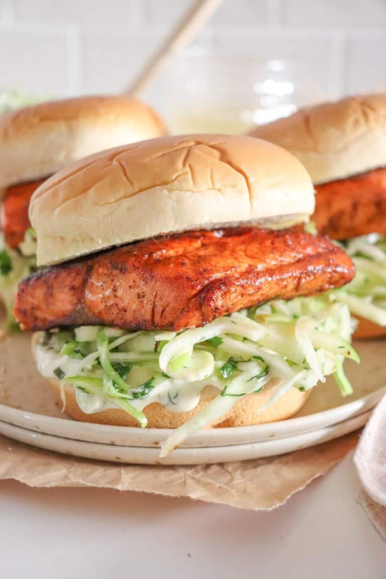 Easy Blackened Salmon Burgers with Herbed Fennel Slaw