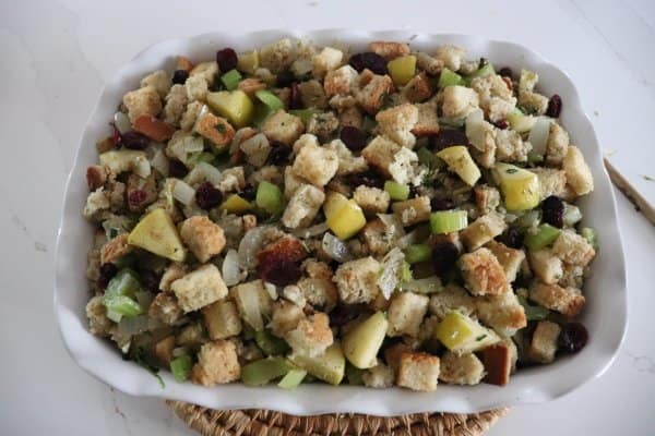 Apple Cranberry Stuffing in Casserole Dish