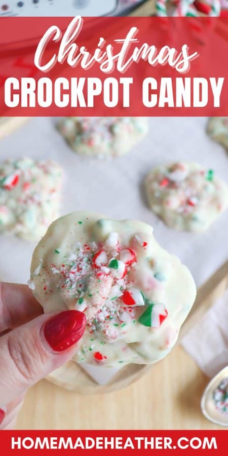 Christmas crockpot candy recipe with white chocolate and crushed candy canes.