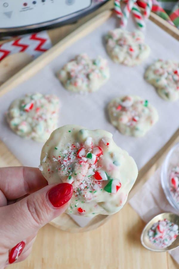 White chocolate clusters with candy cane sprinkles on a wood tray lined with parchment paper with a piece of crockpot candy in a hand.