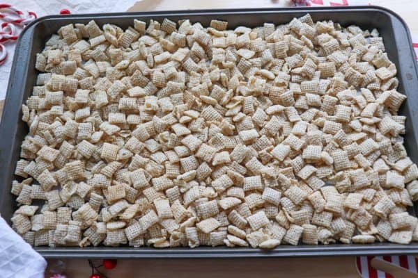 Chex mix on baking sheet