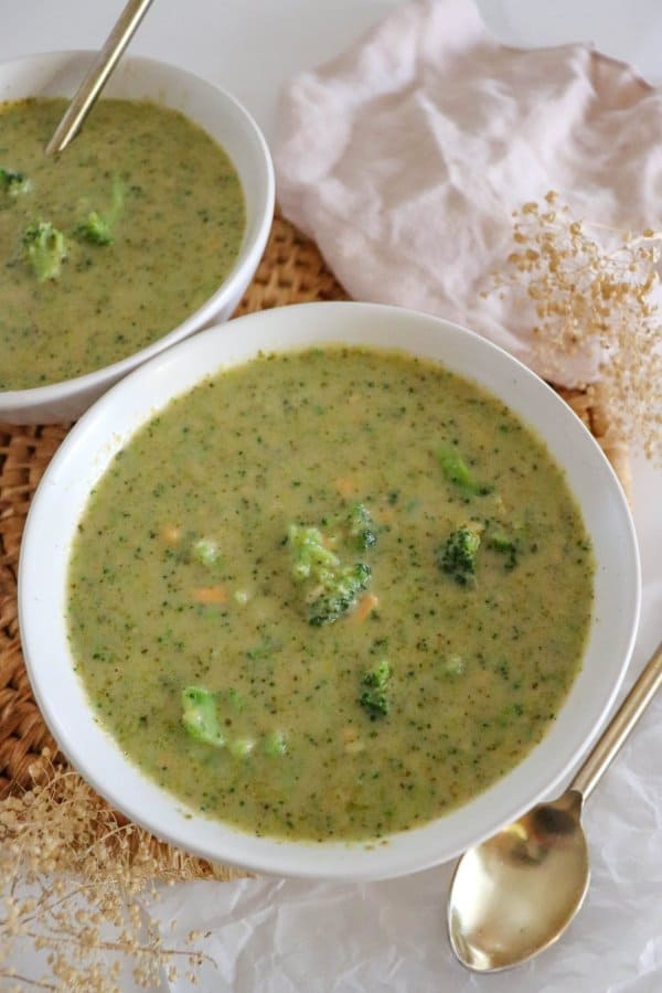 Broccoli cheddar soup recipe in a bowl.