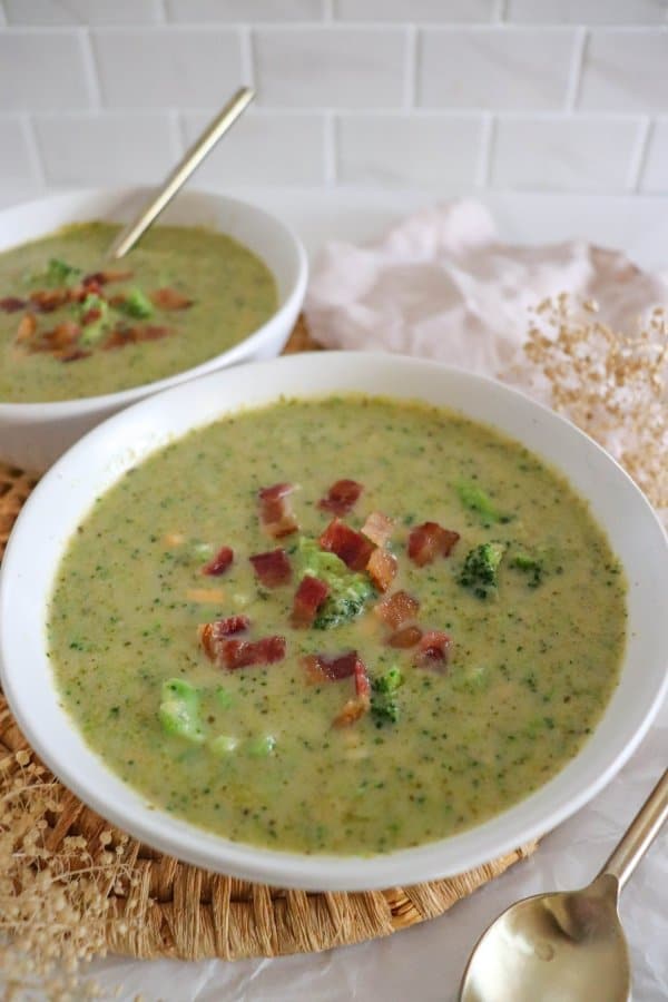 Two bowls of broccoli cheddar soup recipe.