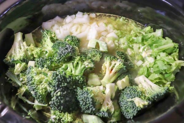 Broccoli cheddar soup ingredients in a crockpot.