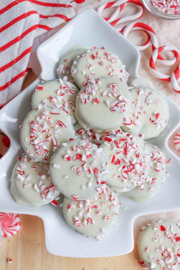 A tree-shaped white platter holds cookies coated in white icing and sprinkled with crushed peppermint candies. Surrounding the festive display are candy canes and a red-and-white striped cloth, hinting at a delightful thin mint cookie recipe waiting to be discovered.