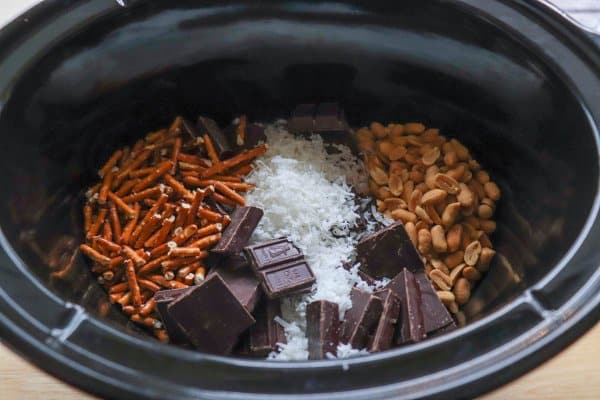 Rocky Road Crockpot Candy Recipe Ingredients in Slow Cooker