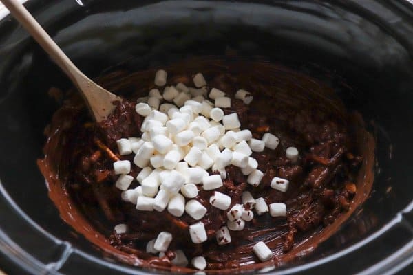 Rocky Road Crockpot Candy Mixed in Slow Cooker