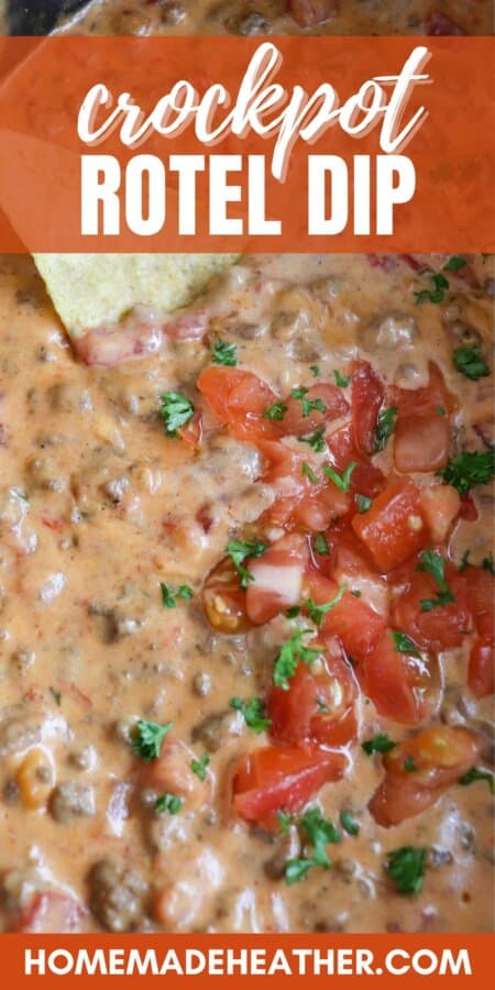 Cheesy dip with diced tomatoes and ground beef in a crockpot topped with fresh tomatoes and parsley with text overlay.